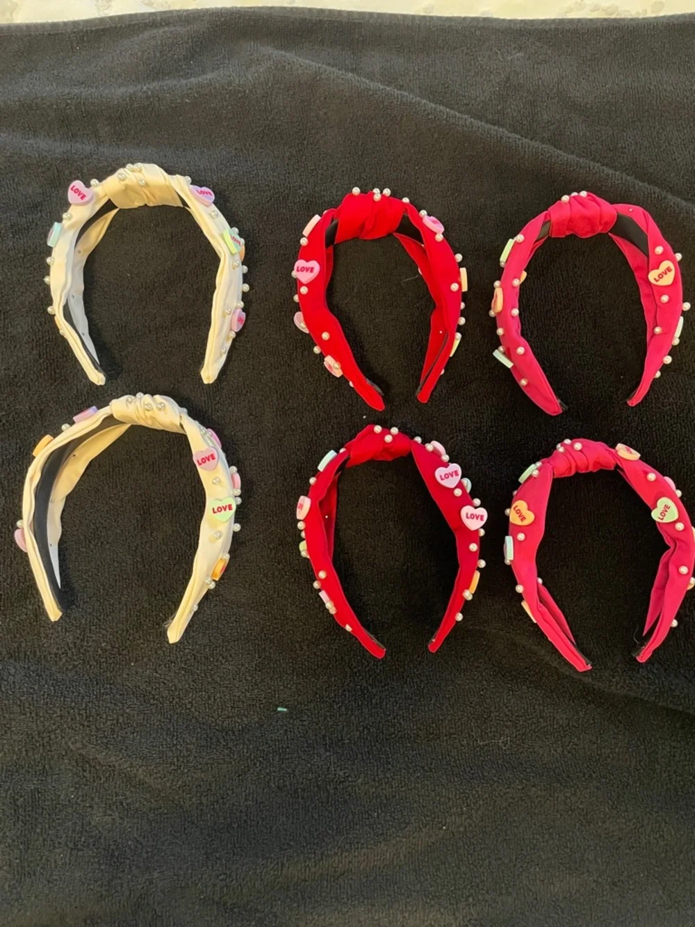 Beaded Candy Heart Embellished Knot Valentine’s Headbands Ivory & Red set of 6